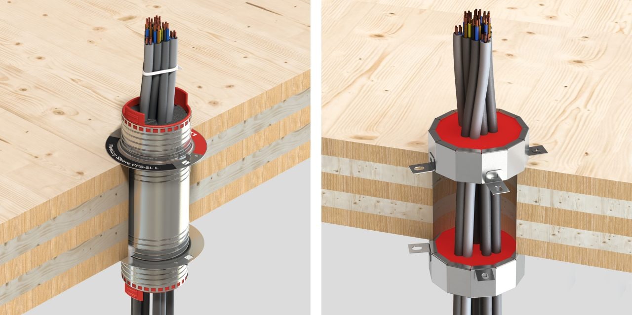 3D rendering of a cross-section of a wooded ceiling showing a CFS-SL Firestop sleeve and a CFS-CC Firestop cable collar around cables (electrical connections)