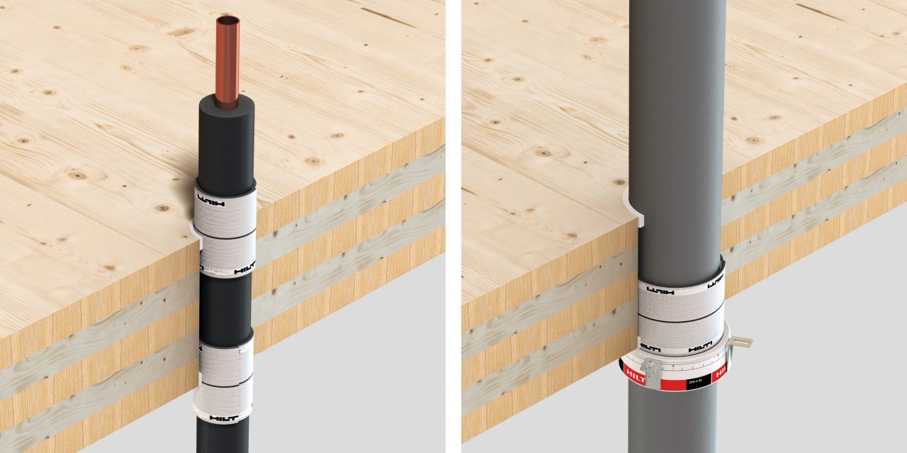 3D rendering of a cross-section of a wooded ceiling showing CFS-B Firestop bandages and a CFS-C EL Firestop endless collar around metal and plastic pipes (mechanical applications)