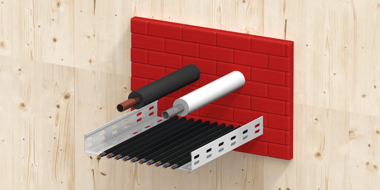 3D rendering of a cross-section of a wooded ceiling showing a CFS-BL P Firestop block around pipes, cables and a cable tray (mixed penetrations)