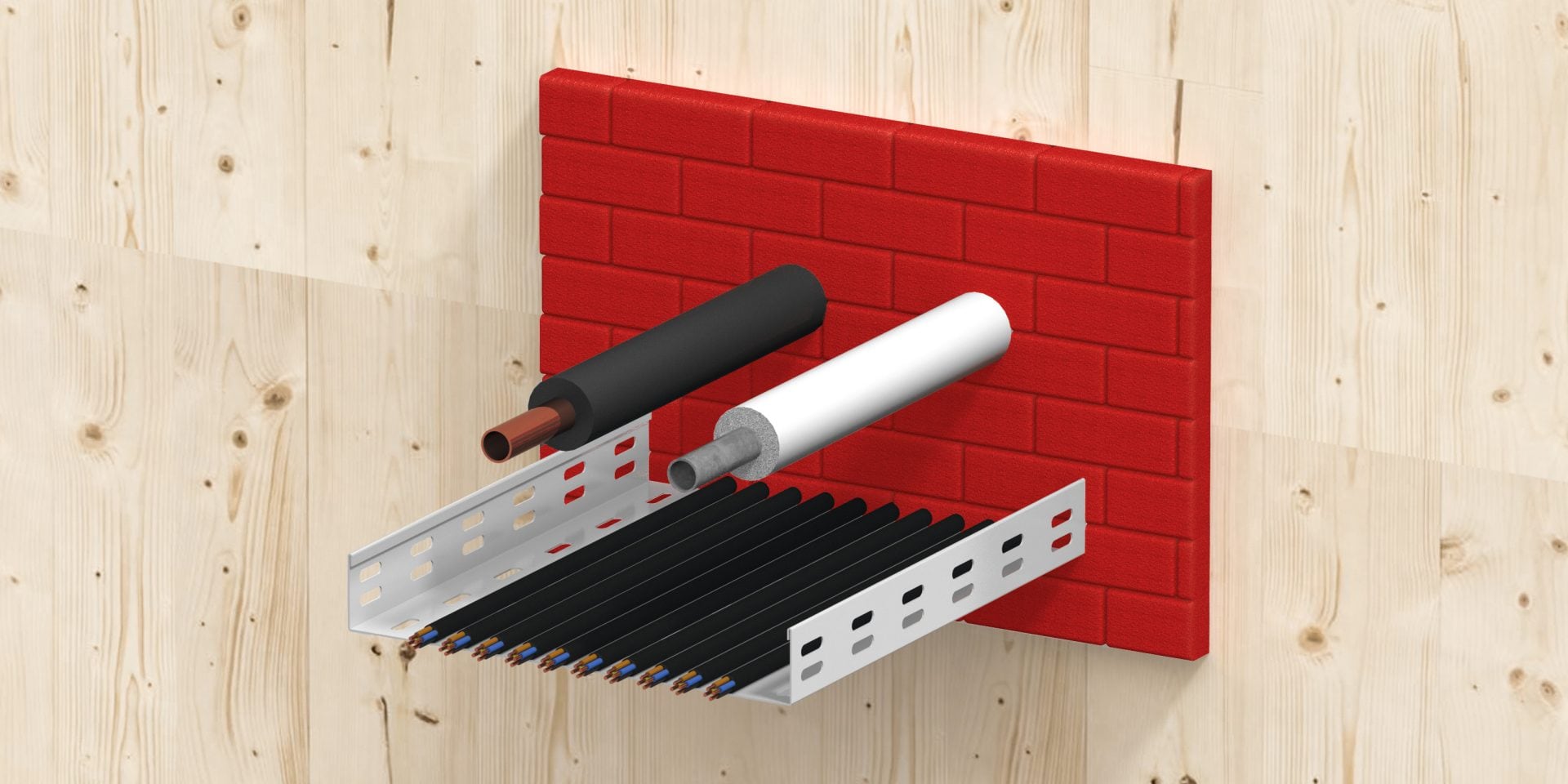3D rendering of a cross-section of a wooded ceiling showing a CFS-BL P Firestop block around pipes,  cables and a cable tray (mixed penetrations)