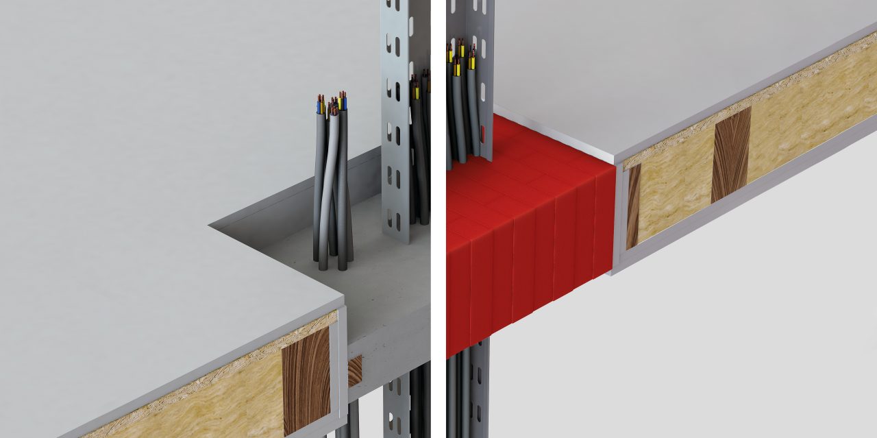 3D rendering showing a comparison of a traditional mortar solution (on the left) and dry Hilti firestop blocks in red (on the right) through a timber floor
