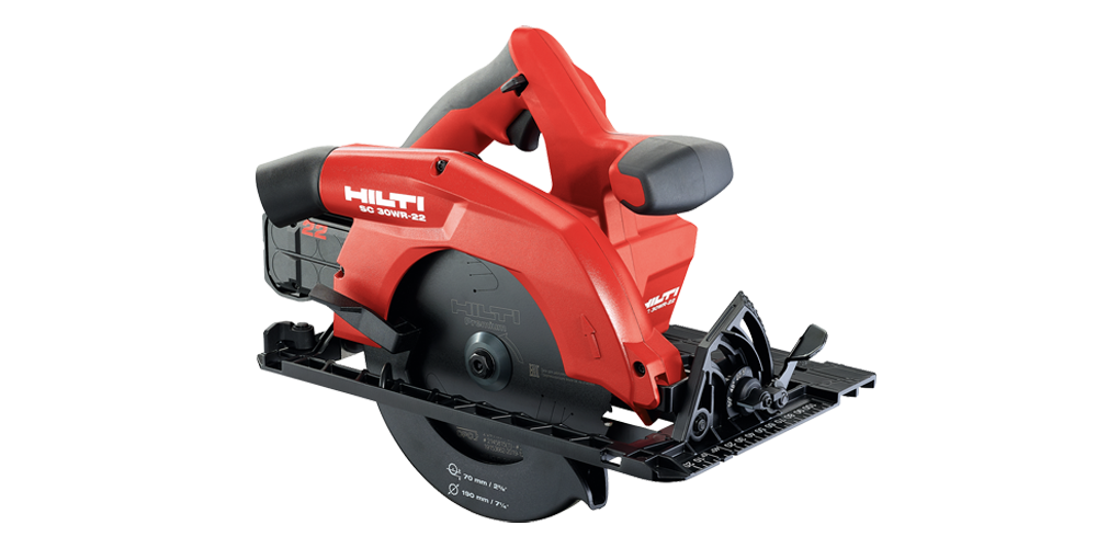 A red and black circular saw with a visible blade, labeled Hilti and SC 70W-A22. The tool features a handle with a grip and a metal base plate for stability and precision in cutting.