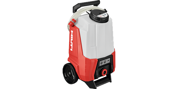 A portable Hilti water tank with a red and white design, mounted on two wheels for easy transport. It features a handle on top, a spout with a hose attachment, and control buttons on the front panel.