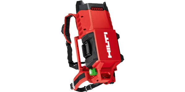 A red and black Hilti backpack-style construction tool with adjustable shoulder straps and a handle on top. It features a green button on the lower part, designed for ease of use and portability on job sites.