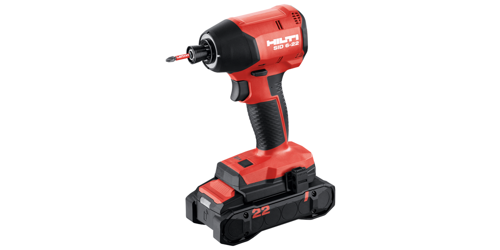 Hilti Red SID 6 - 22 nail gun with a NURON battery attached.