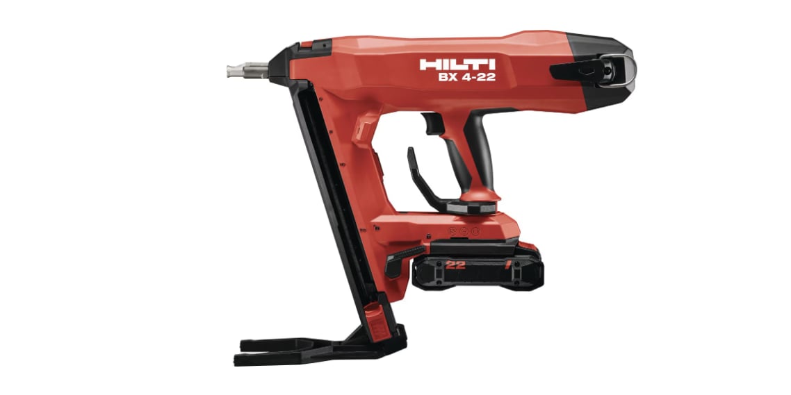 Hilti Red BX4 - 22 nail gun with a NURON battery attached.