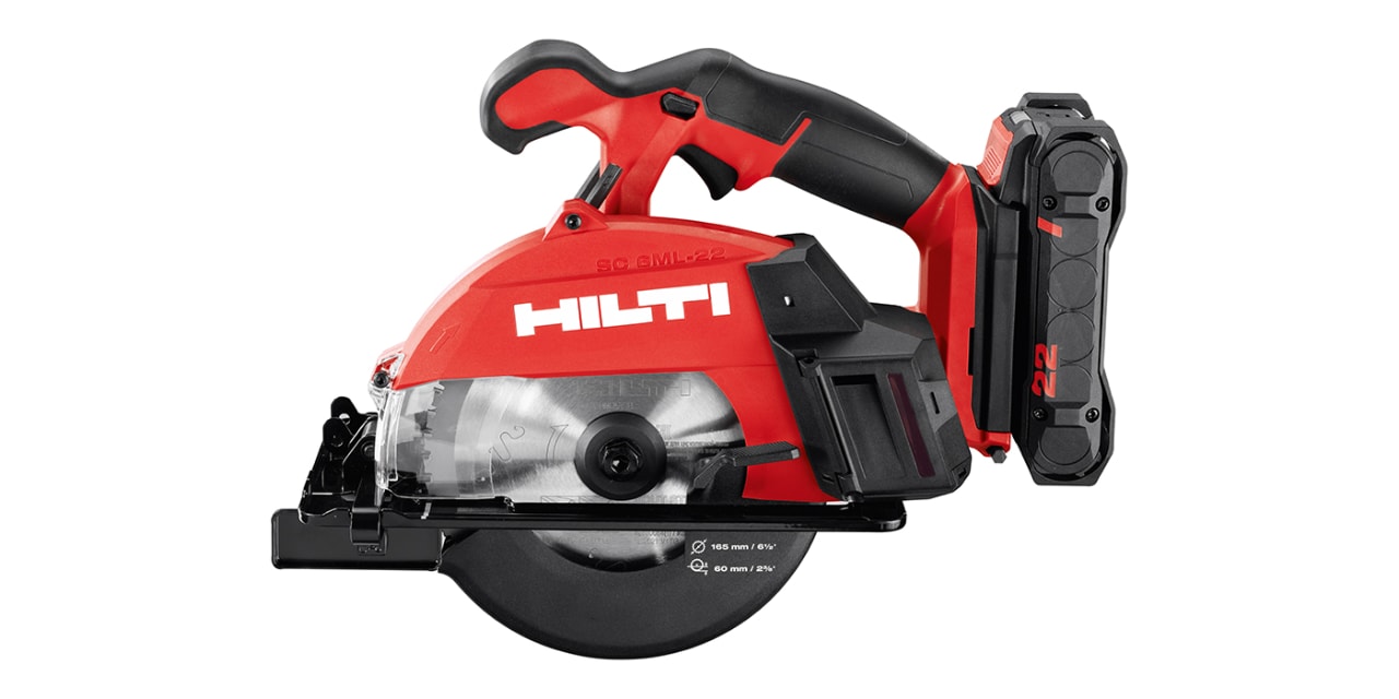 Hilti Red SC 6ML - 22 metal saw with a NURON battery attached. The saw blade is covered by black safety cover.