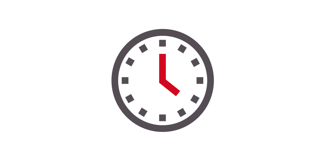 Icon of clock, showing 4:00.