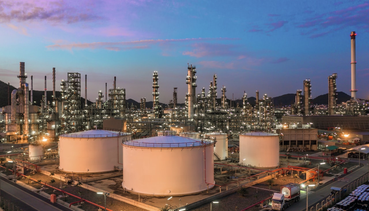 Large gas production plant, in the golden hour of sunset.