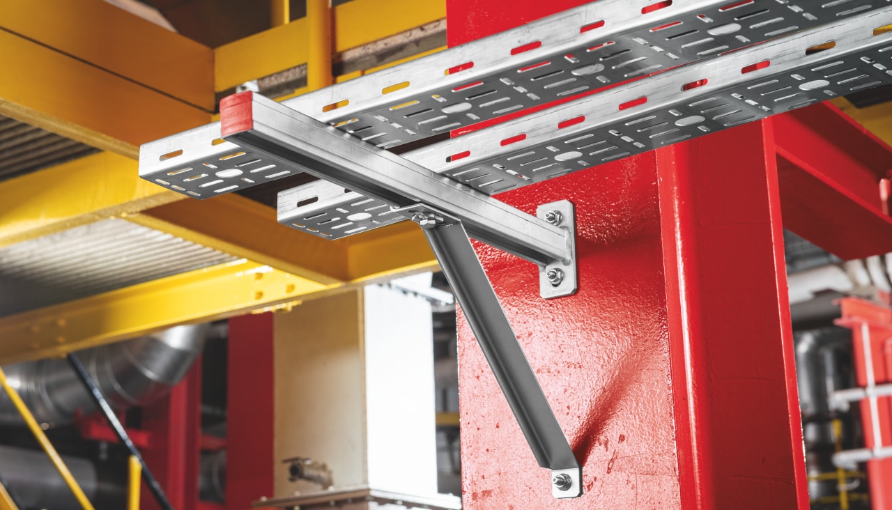 Metal support system fixed to steel pilar.