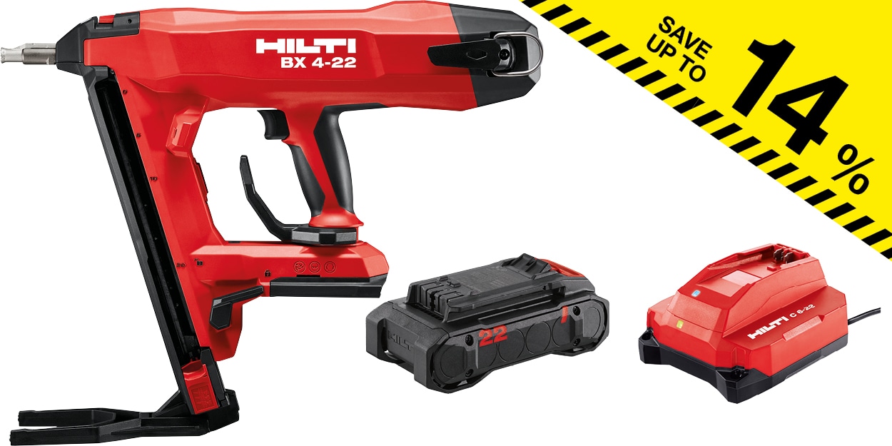 Red Hilti BX 4-22 tool body, black Nuron battery and red battery charger. In the right corner is a yellow stripe with text "Save up to 14%"Red Hilti BX 4-22 tool body, black Nuron battery and red battery charger. In the right corner is a yellow stripe with text "Save up to 14%"