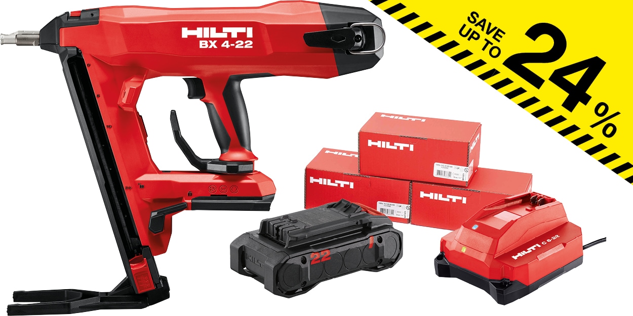 Red Hilti BX 4-22 tool body, black Nuron battery and red battery charger and three red boxes of nails. In the right corner is a yellow stripe with text "Save up to 24%"
