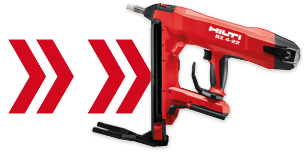Red Hilti Direct fastening tool BX 4 - 22 with red chevrons next to it. 