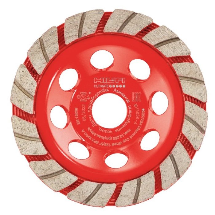 Hilti red diamond cup wheel close up.