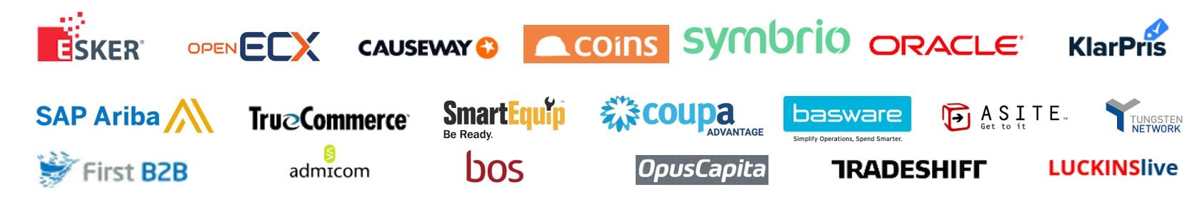 Logos of our partners such as Esker, Open ECX,  Causeway, SAP Ariba, TruCommerce, First B2B etc.