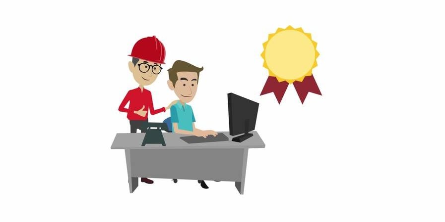 Comics style picture, showing a man working on laptop with a Hilti account manager next to him. On the right top corner is a symbol of certification.