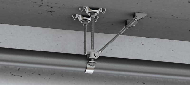 MFP-LD-I Fixed point light (sound insulated) Galvanised double fixed point, braced on one side, with sound insulation for light-duty applications up to 8 kN Applications 1