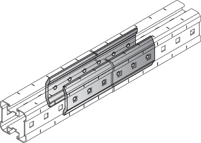 MIQC-E Hot-dip galvanised (HDG) connector used to connect MIQ girders longitudinally for long spans in heavy-duty applications