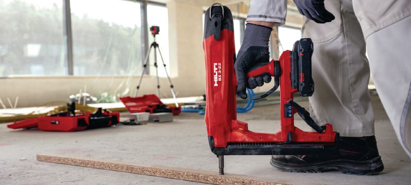Nuron BX 3-L-22 Cordless concrete nailer (longer nails) Nuron battery-powered fastening tool for attaching drywall track and other light-duty fastening to concrete, steel and masonry (max. nail length 36 mm│1-13/32) Applications 1
